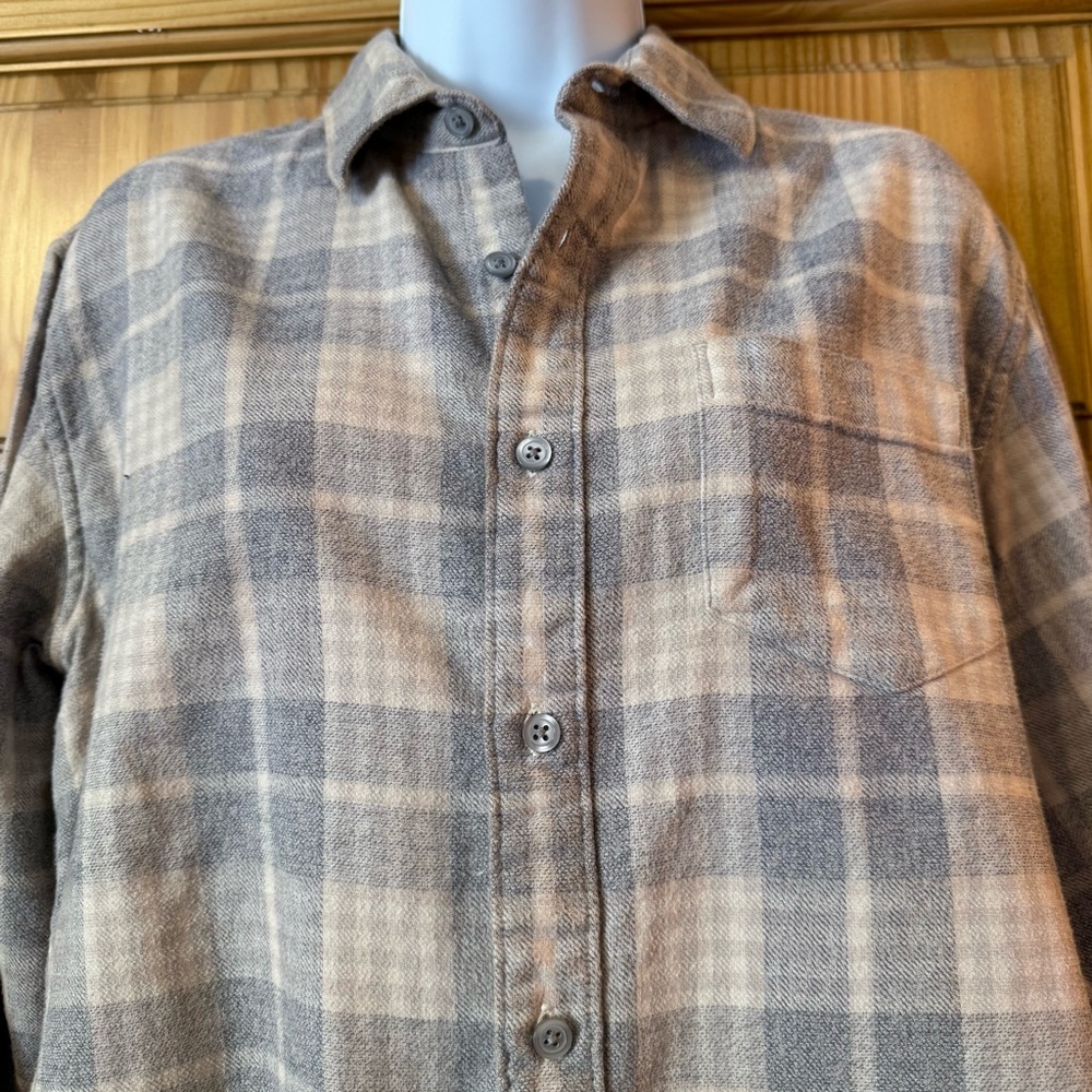 Upcycled Grey Plaid Flannel Shirt stenciled Wing Design tea dyed sz Large - Picture 7 of 11